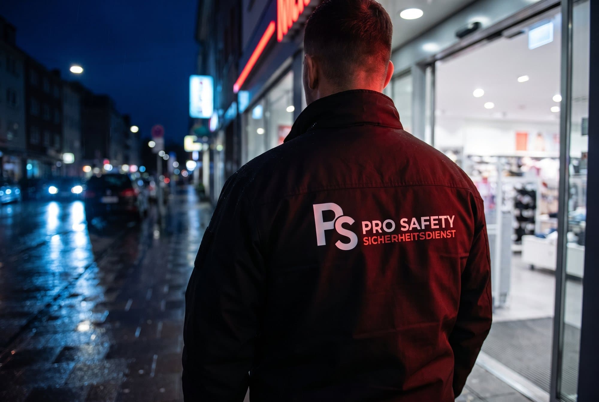 Pro-Safety-Sicherheitskraft vor einem Geschäft bei Nacht